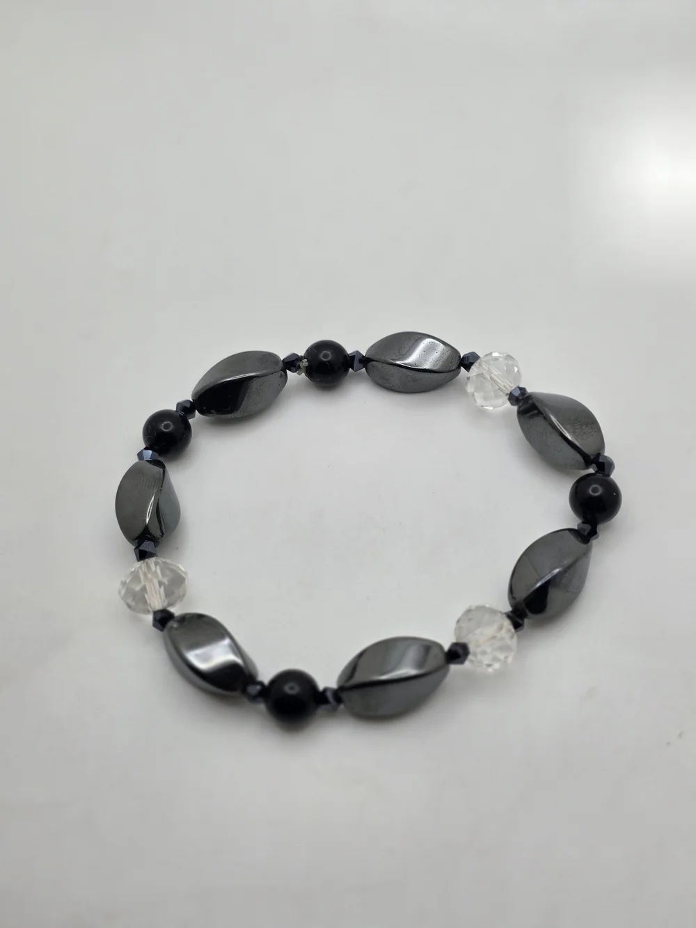 Black Hematite and Clear Crystal Beaded Stretch Bracelet